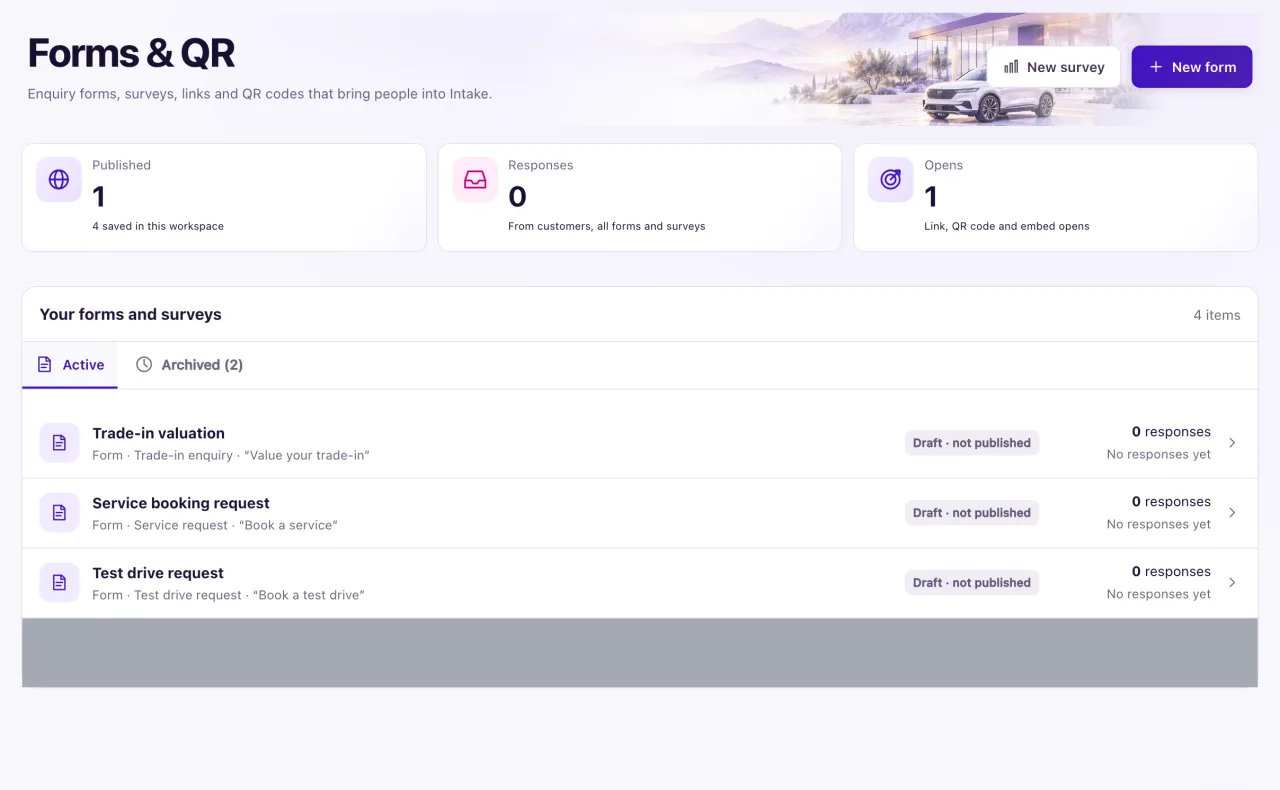 The Forms & QR page with the New survey and New form buttons, the Published, Responses and Opens cards, and the list of forms and surveys.
