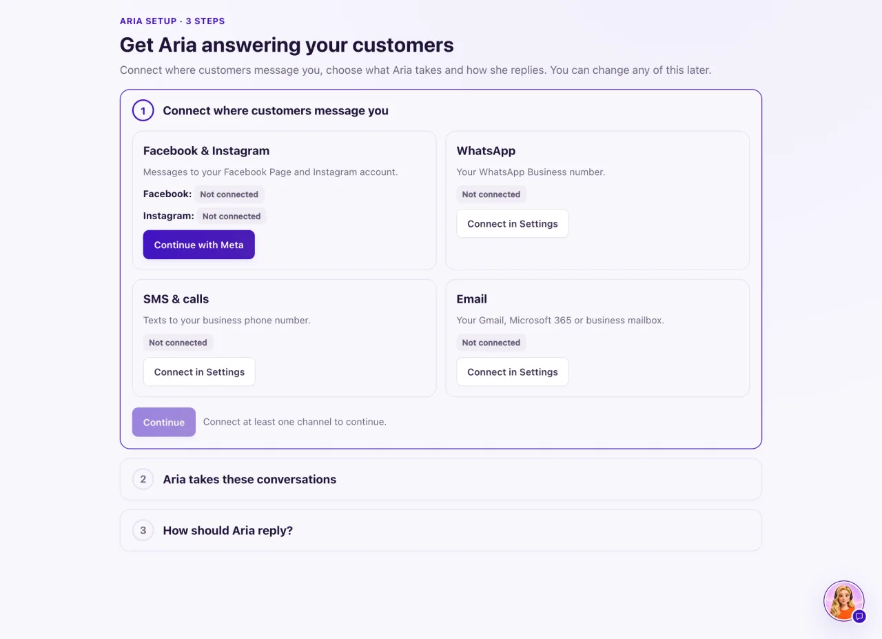 Aria setup with its three steps - connect where customers message you, Aria takes these conversations, and how Aria should reply.