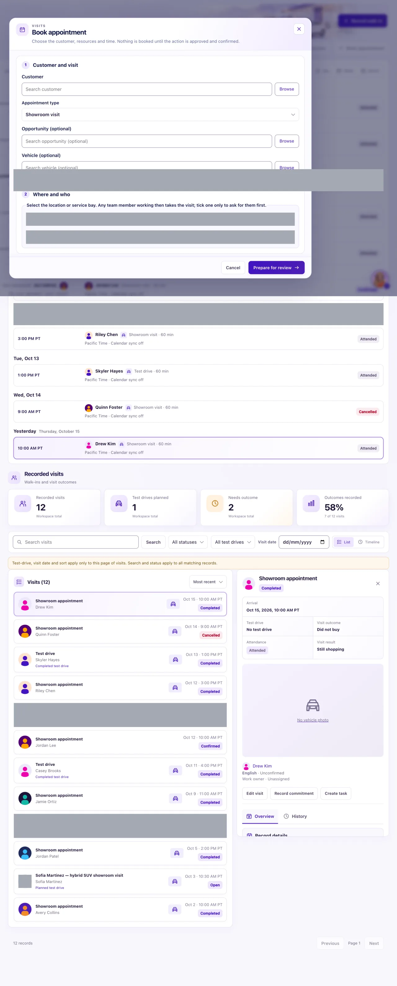 The Book appointment form with the customer and visit type, the optional Salesperson with the place picked for you, the start time and duration, and the Find available times button with a list of free times.