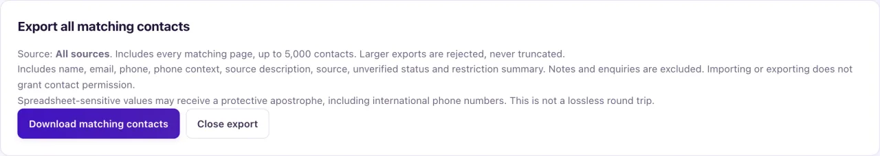 The Export all matching contacts card above the Contacts list, with the Download matching contacts and Close export buttons.
