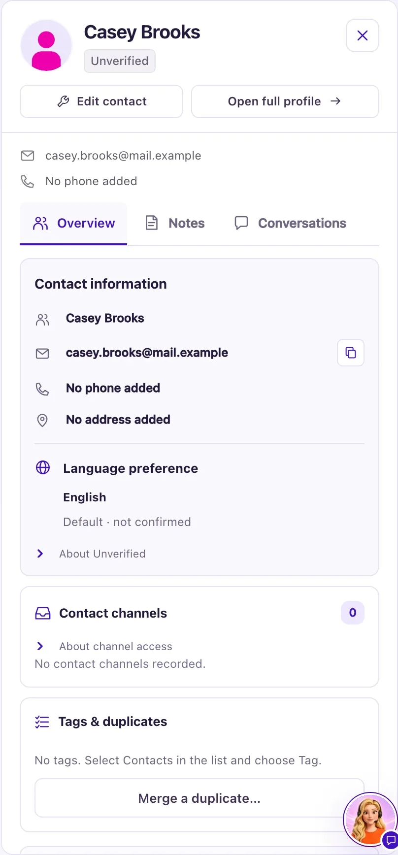 The contact details panel beside the Contacts list, with the name, Edit contact and Open full profile buttons, the Overview, Notes and Conversations tabs and the Contact information card.