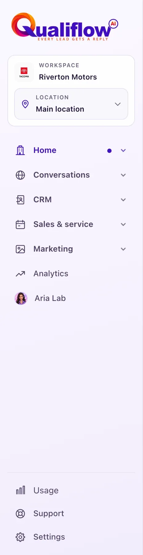 The QualiFlow sidebar with the workspace name, its sections (Your space, Conversations, CRM and more), Support and Settings.