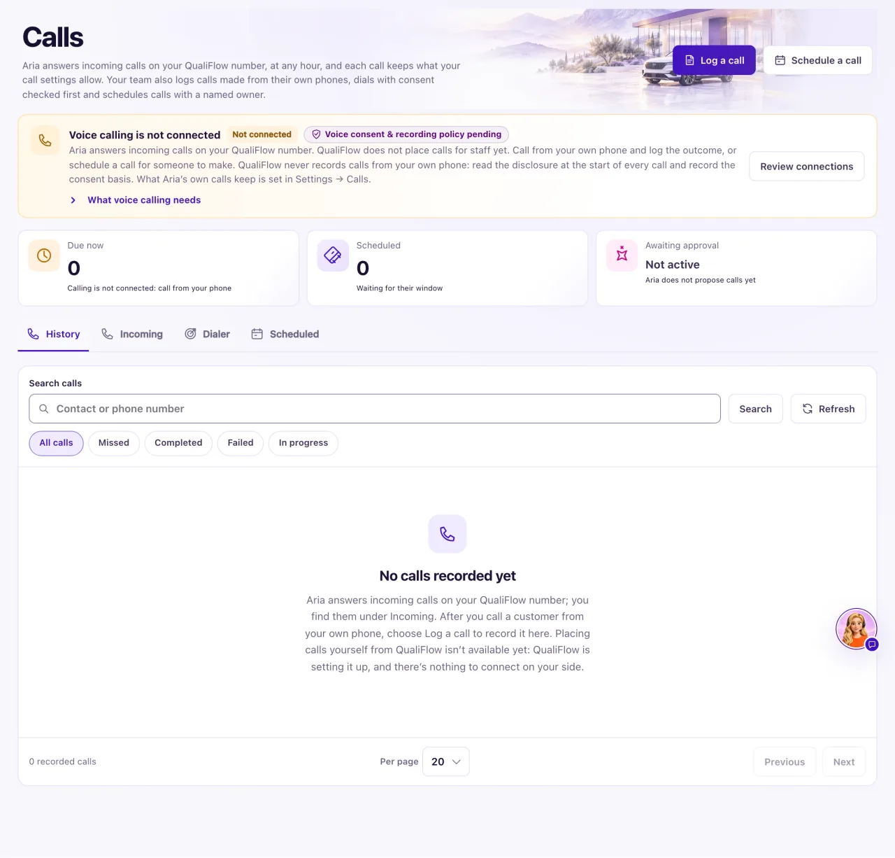 The Calls page on the History tab, with the Search calls box, the All calls, Missed, Completed, Failed and In progress chips, and the empty list that says No calls recorded yet.
