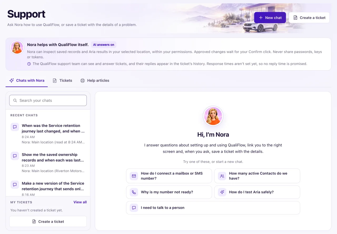 The Support page on the Chats with Nora tab, with the About Nora box, the Recent chats list, the My tickets box and Nora's greeting with suggested questions.