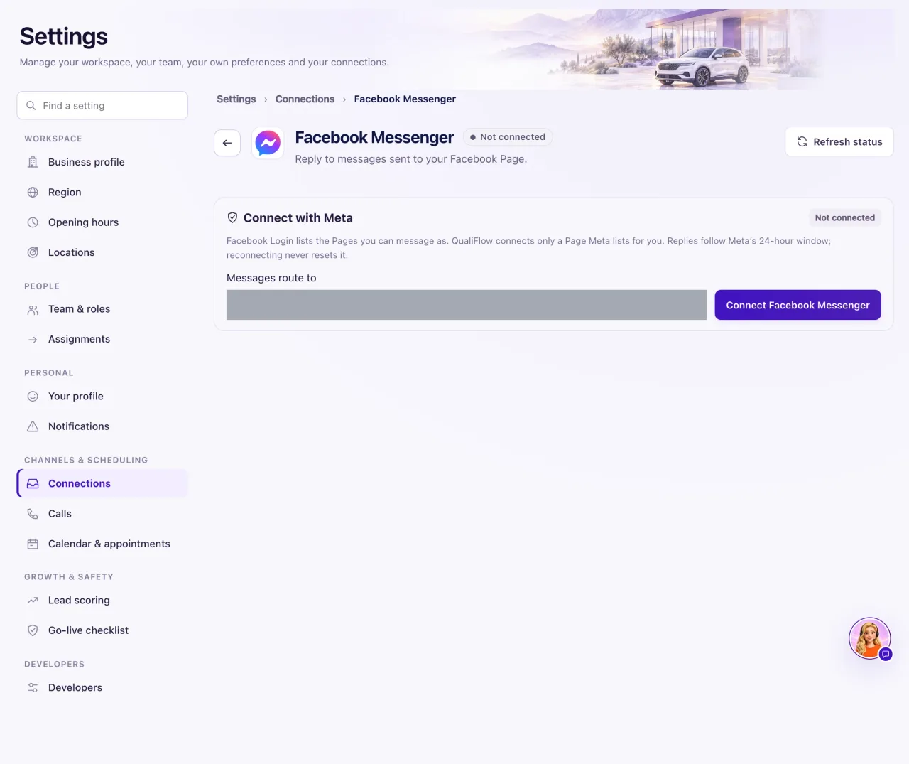 The Facebook Messenger page with the Messages route to location picker and the Connect Facebook Messenger button.
