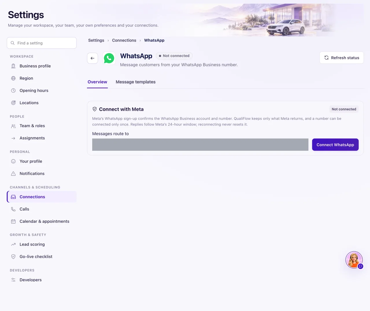 The WhatsApp connection page with the Overview and Message templates tabs and the Connect WhatsApp button.