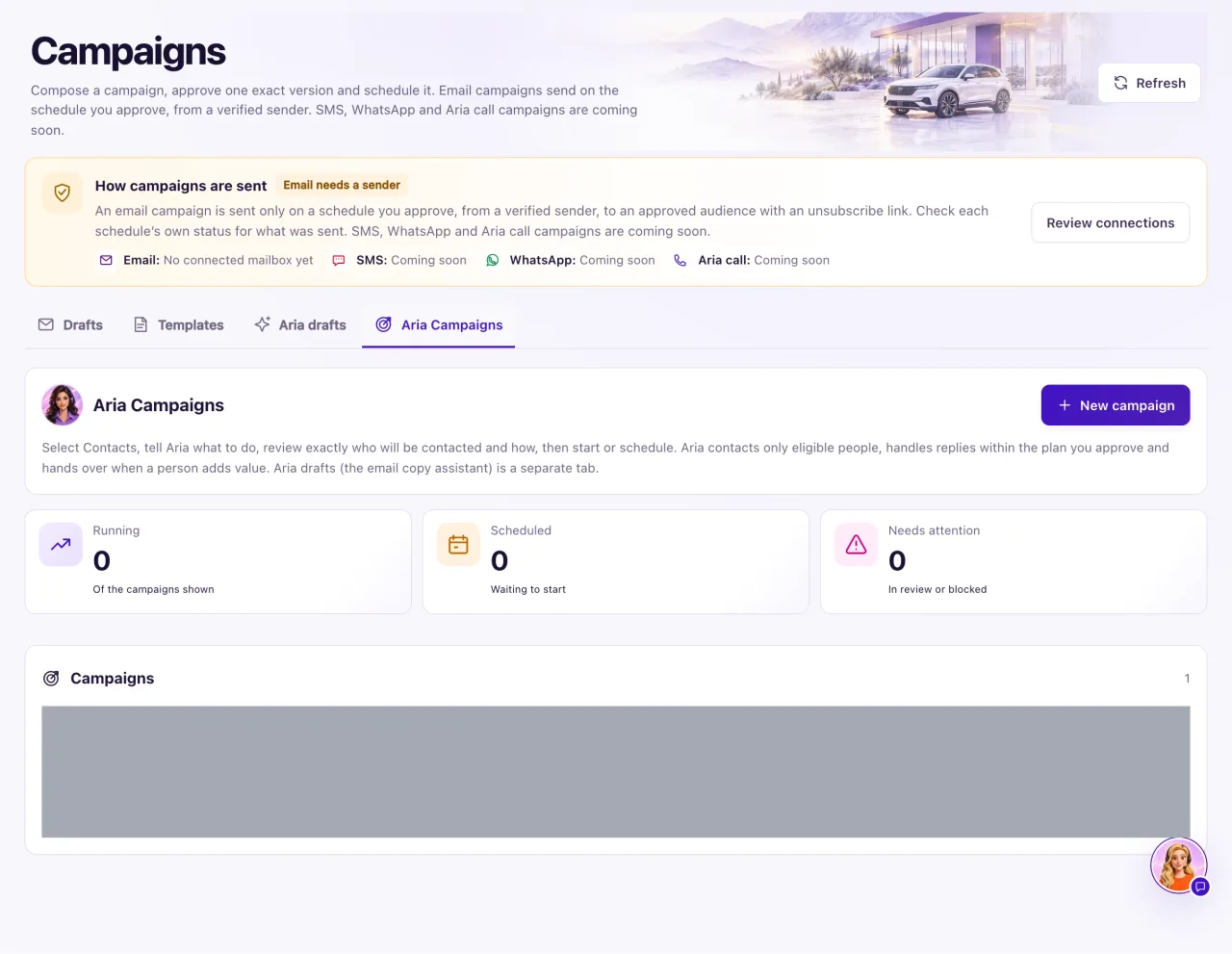 The Aria campaigns view of the Campaigns tab with the New campaign button, the Running, Scheduled and Needs attention cards and the list of campaigns with their status badges.