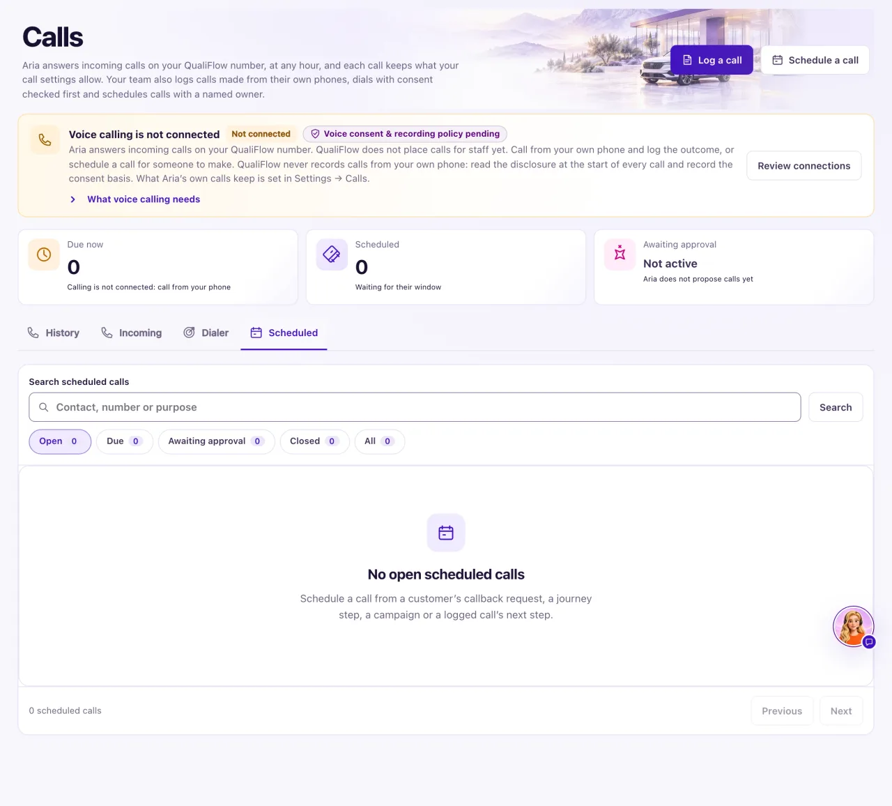 The Scheduled tab of Calls with the search box and the Open, Due, Awaiting approval, Closed and All filters, here with no open scheduled calls.
