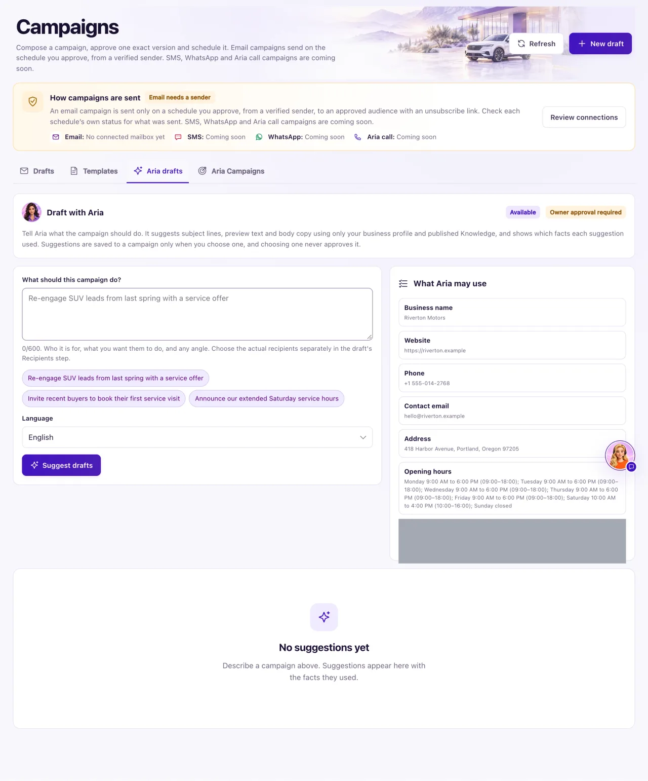 Let Aria write my email in Campaigns → Emails, with the What should this campaign do? box, the Language choice, the Suggest drafts button and the What Aria may use panel.