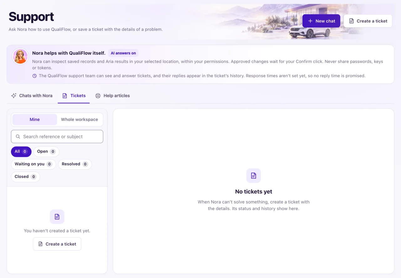 The Support page on the Tickets tab, with the Mine and Whole workspace switch, the reference search and the status chips with counts, here before any ticket is created.