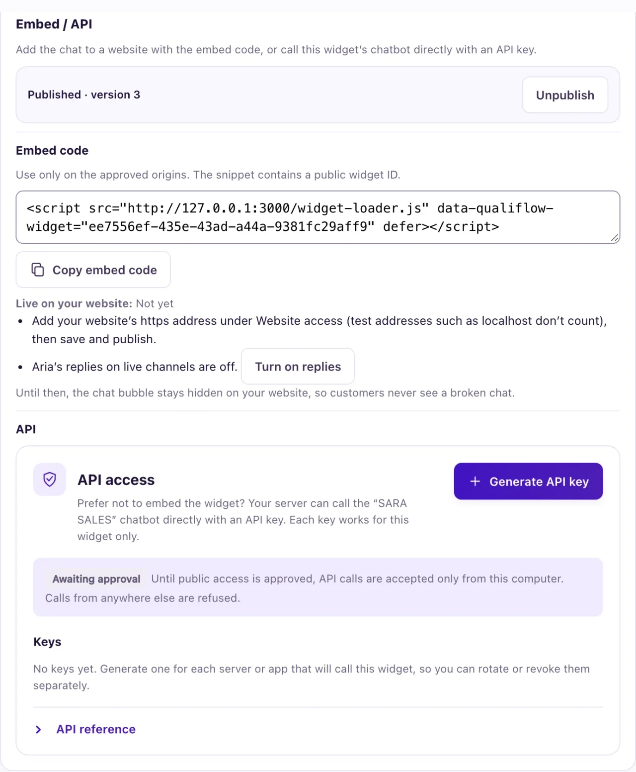 The Embed / API section with the published status, the embed code, the Copy embed code button and Live on your website.