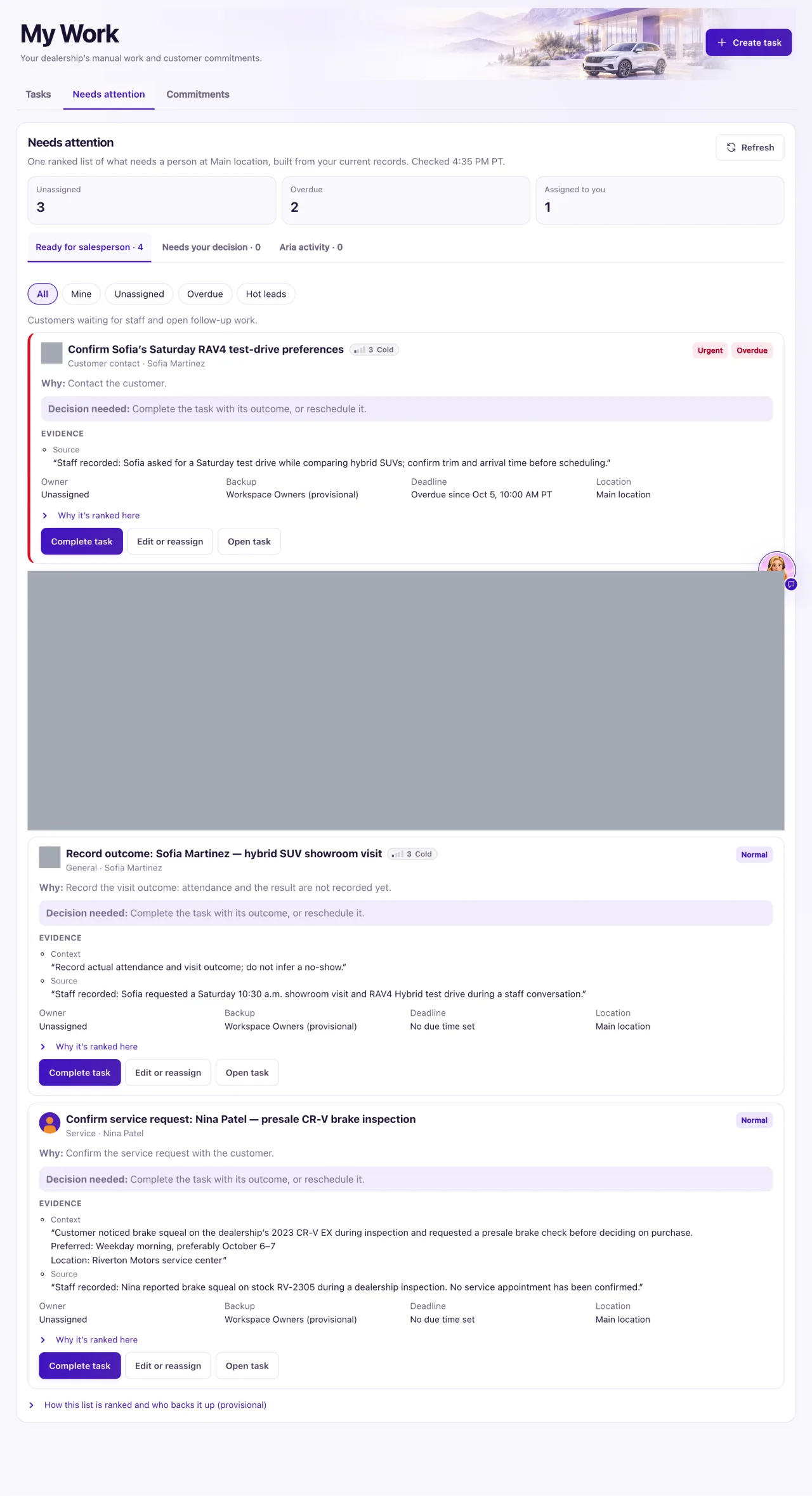 The Needs attention tab of My Work with the Unassigned, Overdue and Assigned to you counts, the three section tabs and a customer card with its Why and Decision needed lines.