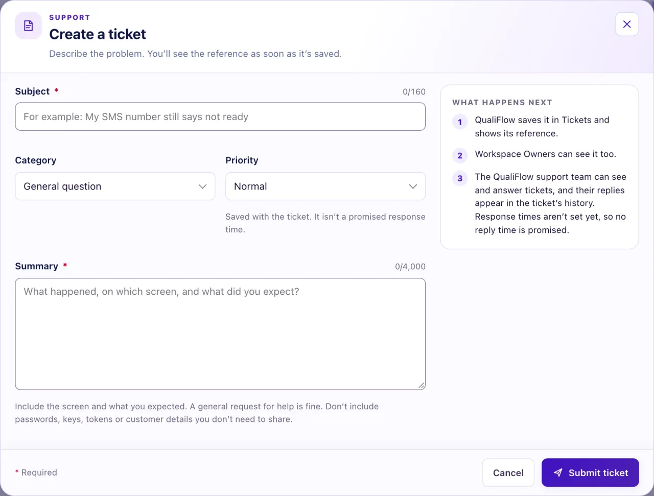 The Create a ticket form with Subject, Category, Priority and Summary, and the Submit ticket button.