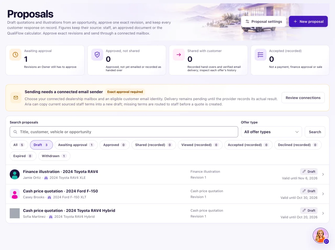 The Proposals list with four summary cards, the sending reminder, the search and offer type filters, the status chips with Draft chosen, and the draft proposals with their status badges.