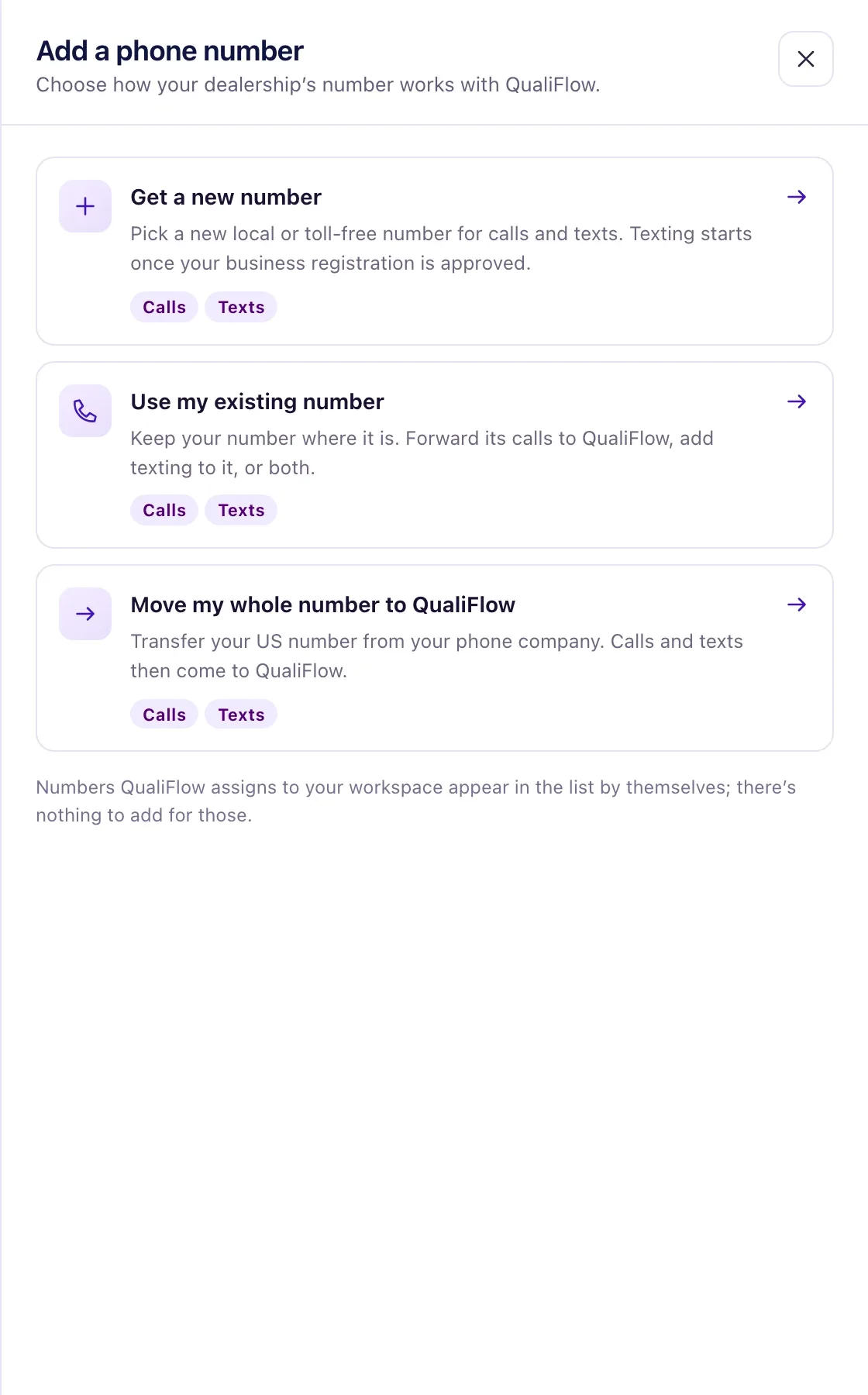 The Add a phone number panel with three choices - Get a new number, Use my existing number and Move my whole number to QualiFlow.