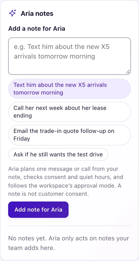 The Aria notes card on a contact's profile, with the Add a note for Aria box, example chips, and a note showing its status and Aria's plan line.