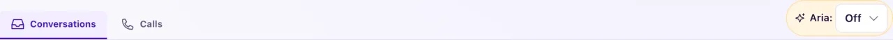 The Inbox header with the Aria switch set to Autopilot at the right end of the Conversations and Calls tabs.