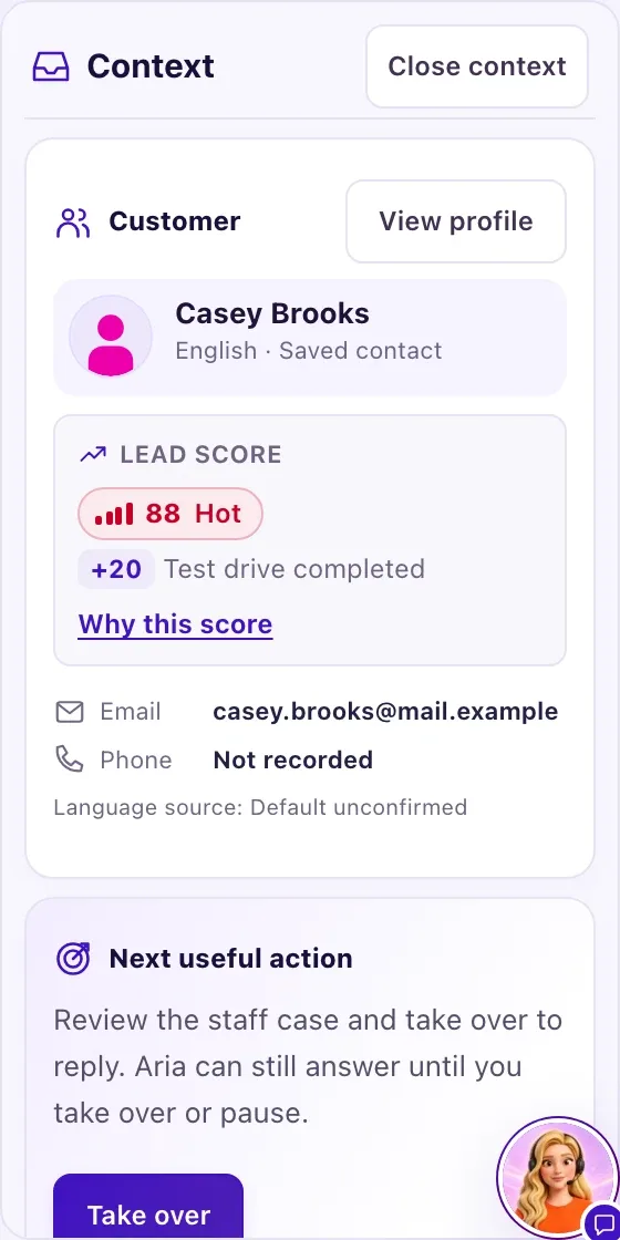 The Context panel beside a conversation, showing the Customer card, Aria memory, Next useful action and Human attention.