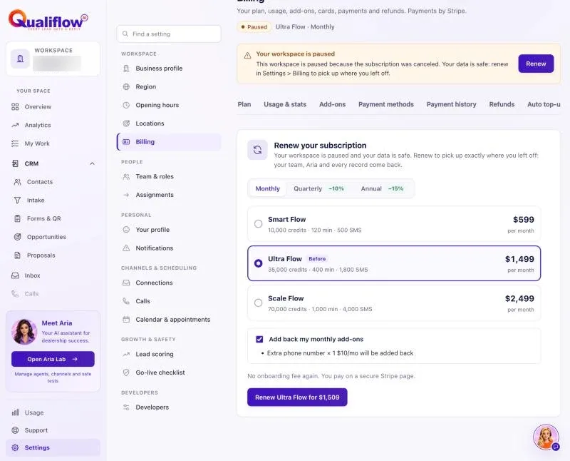 Billing on a paused workspace, with the Renew your subscription card with the plans, Add back my monthly add-ons ticked with the extra phone number listed, and the Renew button with the total.