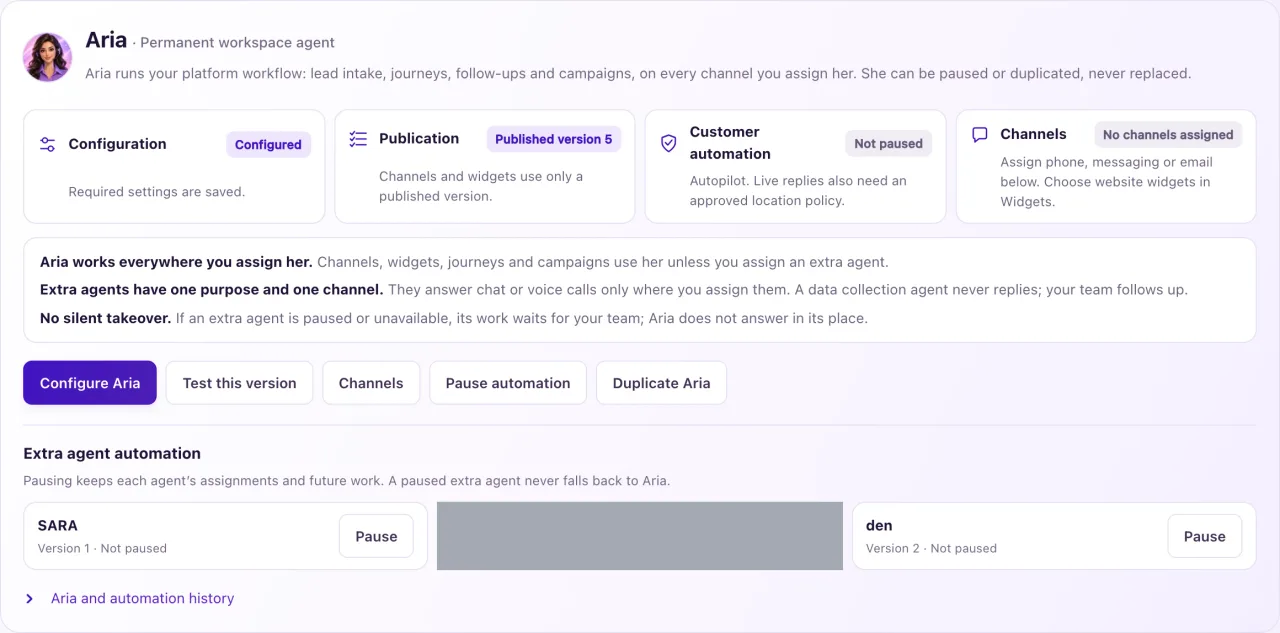 Aria Lab's Agents tab with the Aria panel at the top, showing the Configuration, Publication, Customer automation and Channels rows.
