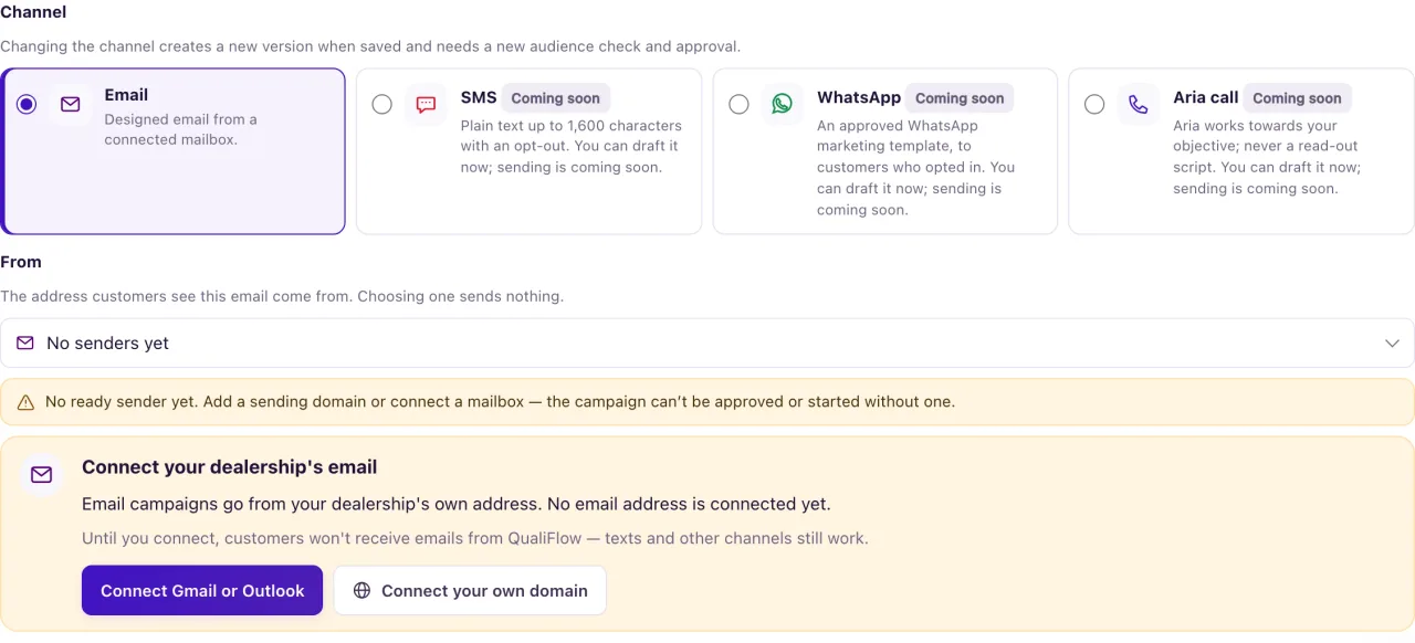 The Channel choice in a campaign draft, with Email, SMS, WhatsApp and Aria call.