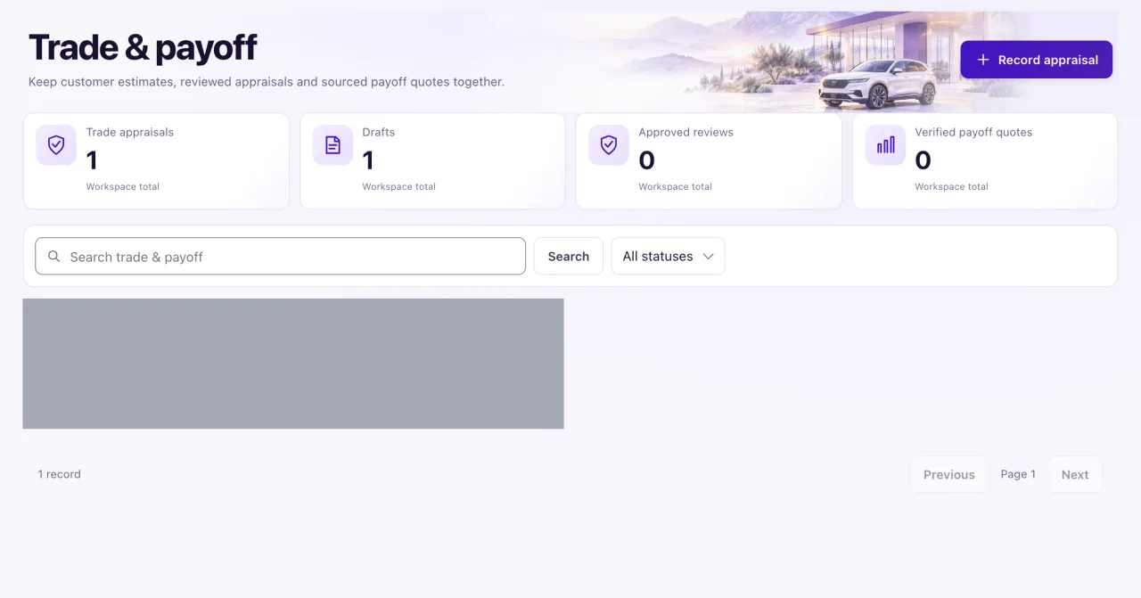 The Trade and payoff page with the Trade appraisals, Drafts, Approved reviews and Verified payoff quotes cards above the list of appraisals.
