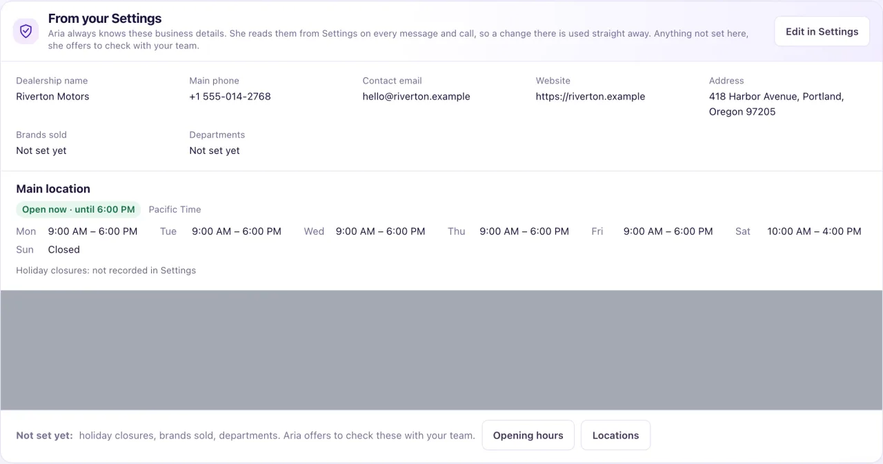 The From your Settings card on the Knowledge tab, listing the dealership name, main phone, contact email, website, address and each location's opening hours.