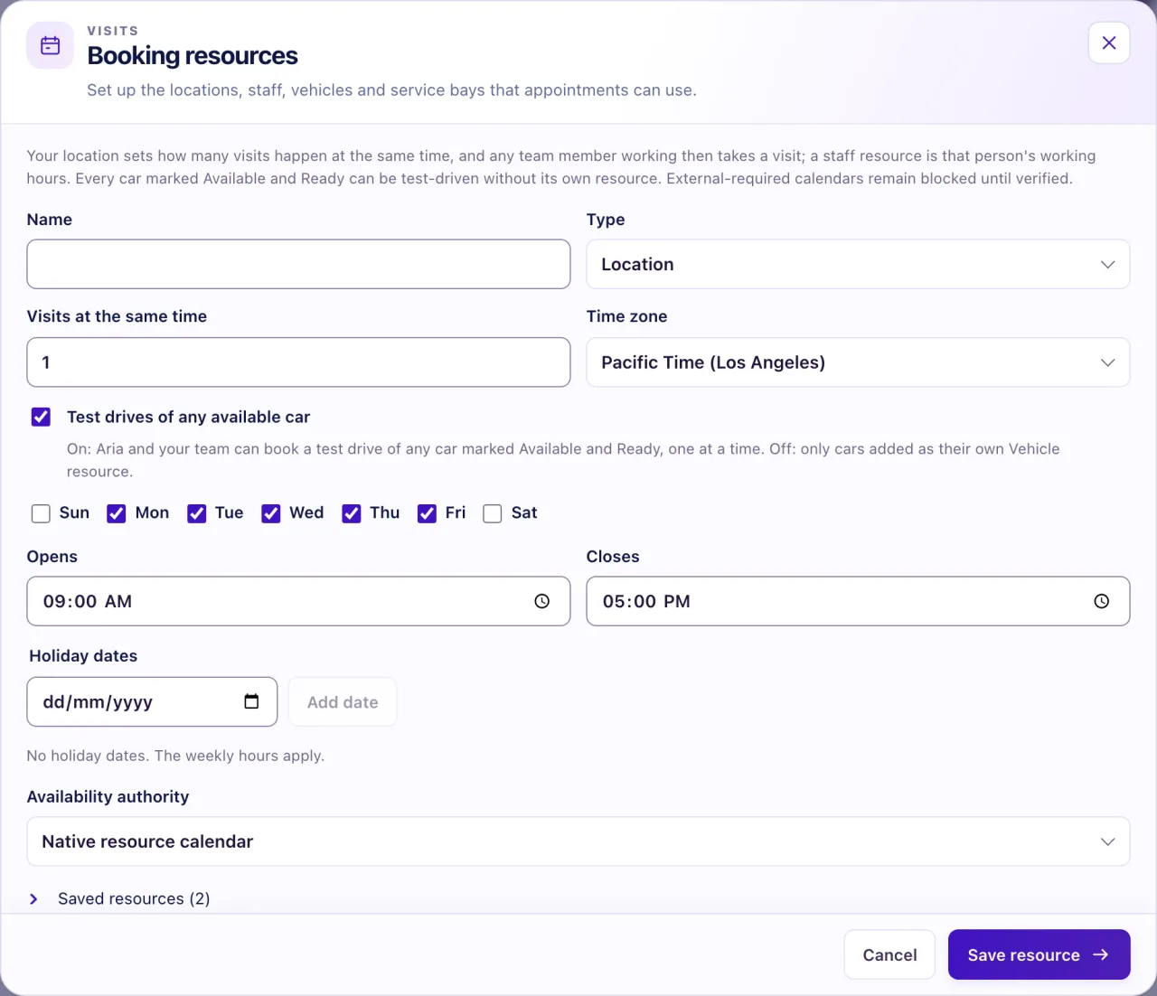 The Booking resources form on the Visits page, where the locations, staff members and vehicles that Aria books into are set up, each with its own weekly hours.