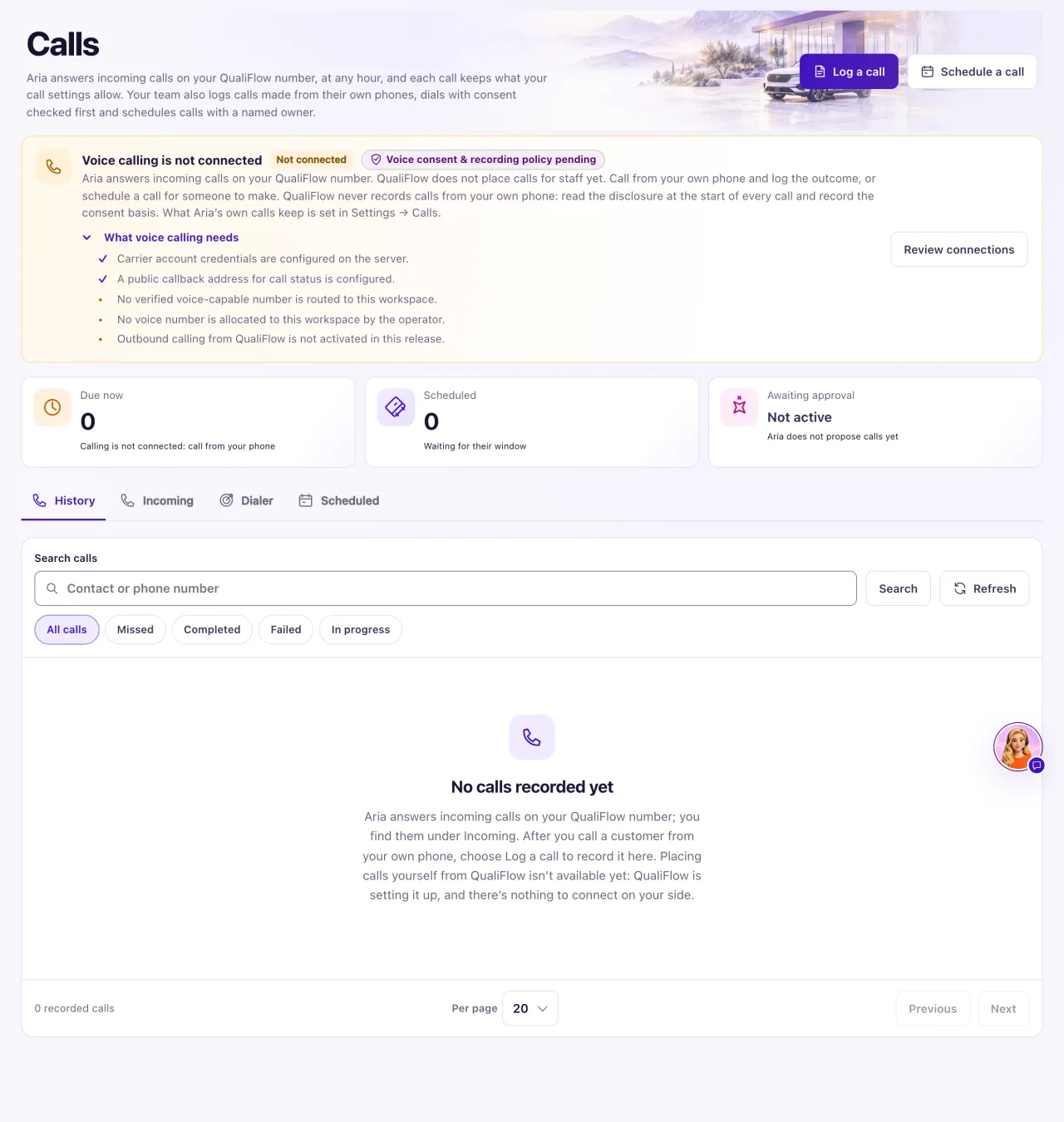 The voice readiness box on the Calls page opened to What voice calling needs, with each item marked Ready or Missing.