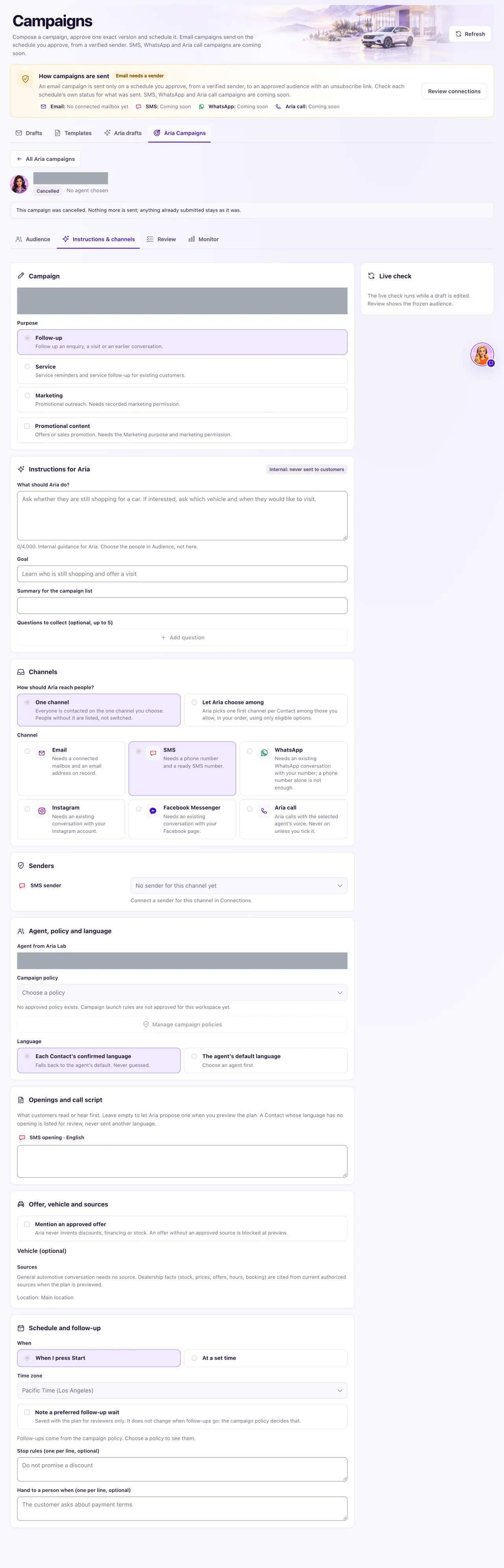 An Aria Campaign on the Instructions & channels step with the purpose, the instructions for Aria, the channel choice and the Live check panel.