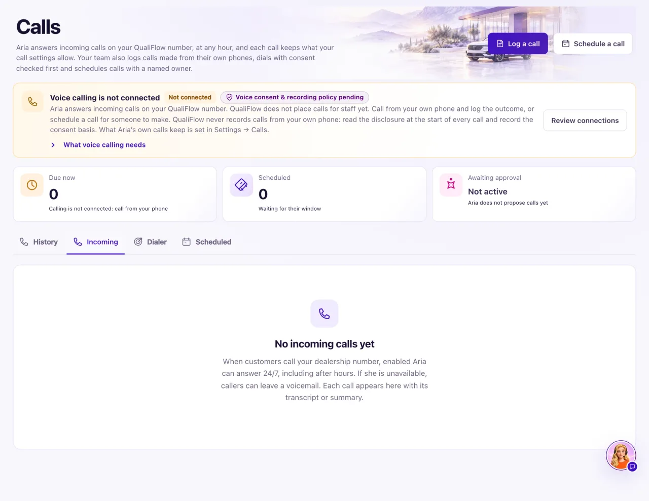 The Calls page on the Incoming tab, with the voice readiness box, the count cards and the empty incoming list that says No incoming calls yet.