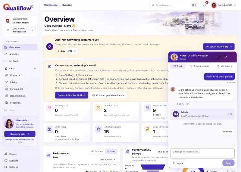 Nora's chat window after asking for a person. Nora says she is connecting you, then the specialist joins with their name, an online dot and the chat time, and the End chat button.