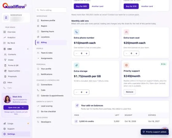 The Monthly add-ons in Settings, Billing, with the Priority support card marked On at $249 a month and its Remove button, and the message Priority support added.