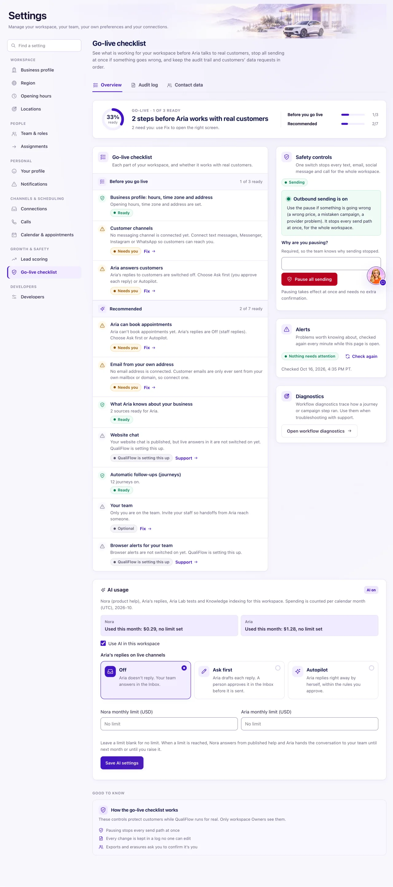 The Go-live checklist with the Aria can book appointments row and its Create default resources and Turn on Book appointments buttons.