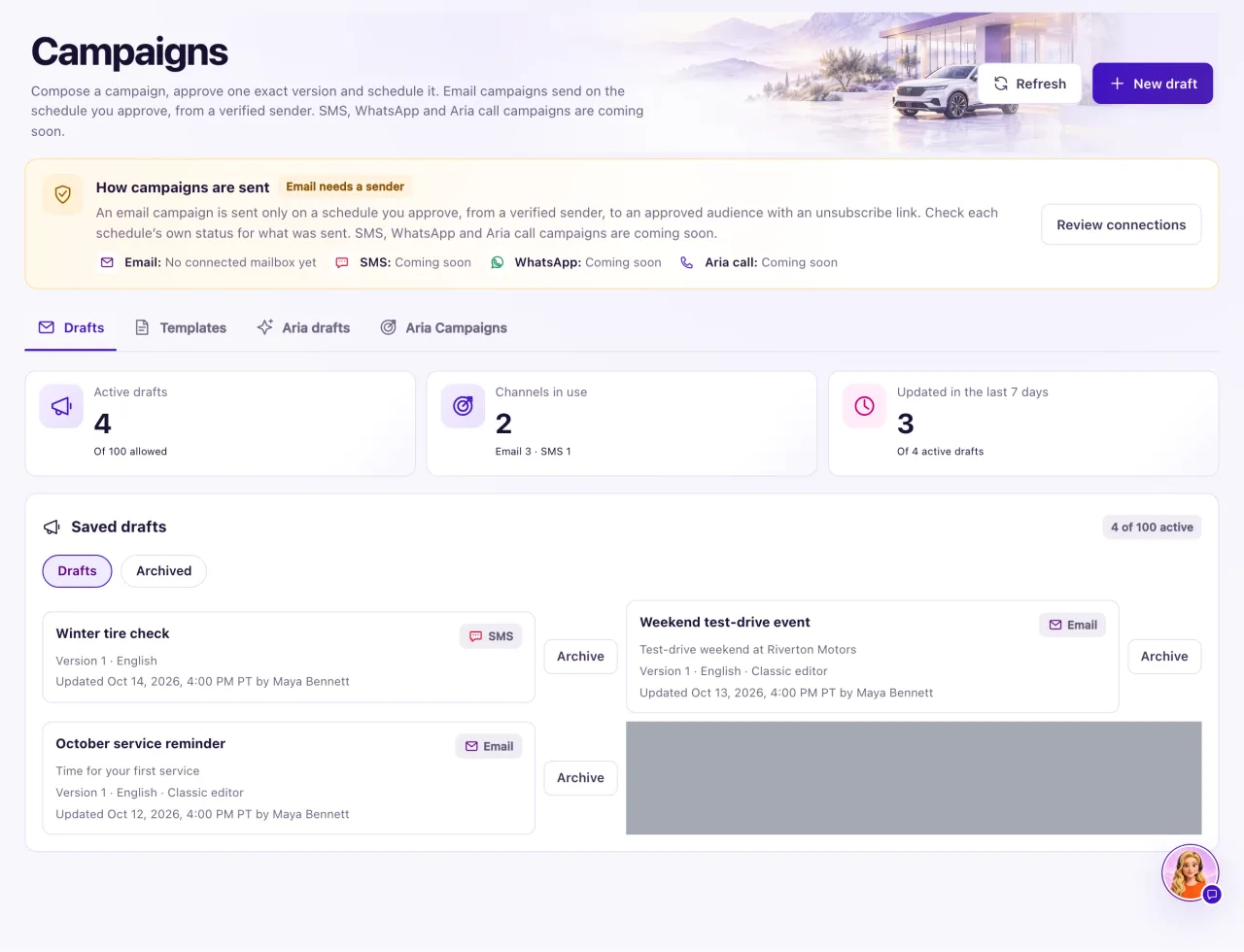 The Campaigns page with the How campaigns are sent box, the Campaigns and Emails tabs, the Drafts, Scheduled, Sent and Aria campaigns views, and the list of drafts.