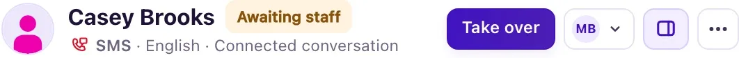 The header of an open conversation with the Take over, Pause, Assigned to, Context and More buttons.