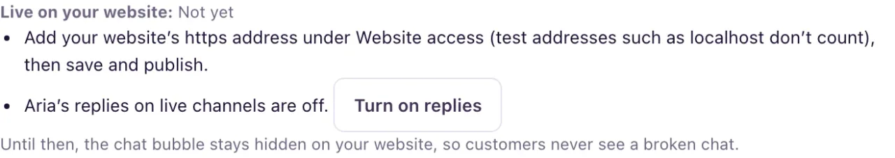 The Live on your website line of a website chat widget, with the reasons it is not live yet, each with a fix button.